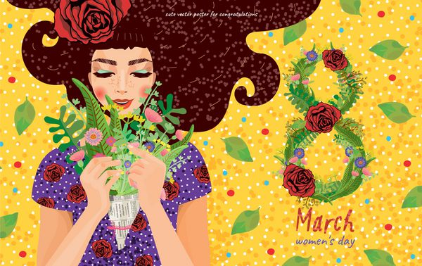 کارت زیبا بنر پوستر برای تعطیلات زنان amp x27؛ s روز 8 مارس تصویر برداری پرتره دختر زیبا با دسته گل