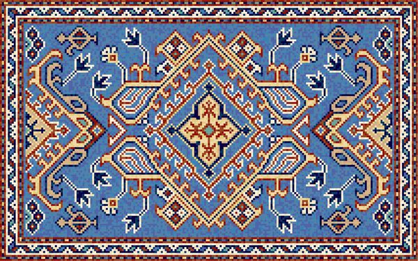 فرش رنگی موزائیک شرقی با تزئینات هندسی سنتی فرش طرح دار با قاب مرزی الگوی بخیه متقاطع تصویر برداری 10 EPS