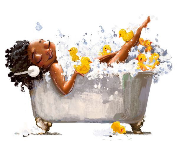 زن جوان آفریقایی در حمام با اسباب بازی های اردک