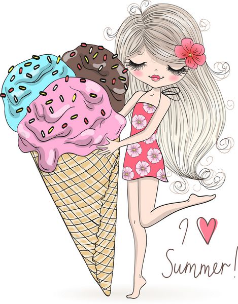 دست دختر تابستانی زیبا و زیبا را با بستنی بزرگ در دستان خود ترسیم کرد تصویر برداری