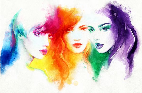 سه زن زیبا با آرایش و مو تصویر مد نقاشی آبرنگ