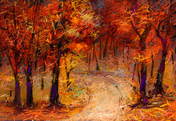 روغن نقاشی درختان رنگارنگ پاییزی تصویر نیمه انتزاعی از جنگل درختان آسپن با برگ زرد قرمز و دریاچه پاییز پس زمینه طبیعت فصل پاییز چشم انداز امپرسیونیستی چشم انداز در فضای باز