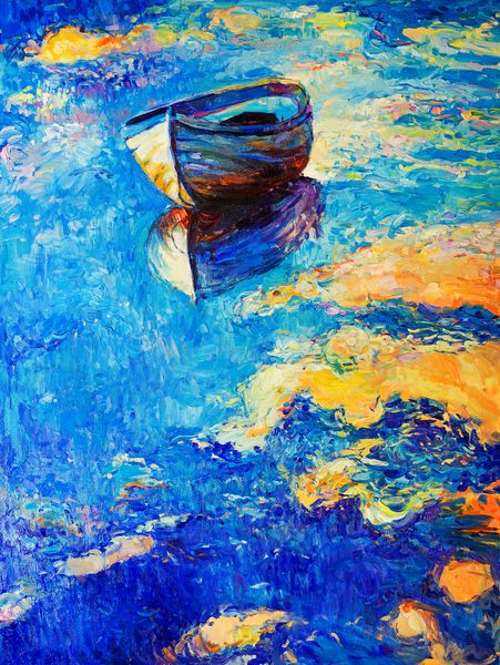 نقاشی اصلی روغن روی بوم قایق روی آب هنر مدرن