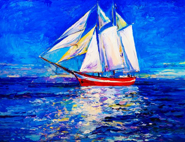 نقاشی اصلی روغن روی بوم کشتی قرمز و آسمان آبی هنر مدرن
