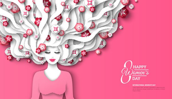 بانوی مد با کاغذ موهای بلند و گلها را بر روی زمینه صورتی برید تصویر برداری 8 مارس الگوی بروشور روز جهانی زن