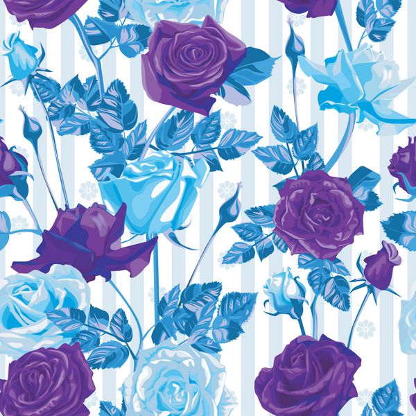 الگوی بدون درز گل های آبی و گل رز و برگ