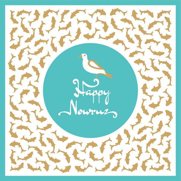 کارت تبریک نوروزی با پرنده نشسته بر روی متن سال نو ایرانی با ماهی ها روی آب بچینید