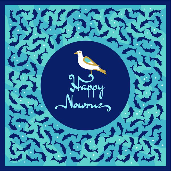 کارت تبریک نوروزی با پرنده نشسته بر روی متن سال نو ایرانی با ماهی ها روی آب بچینید