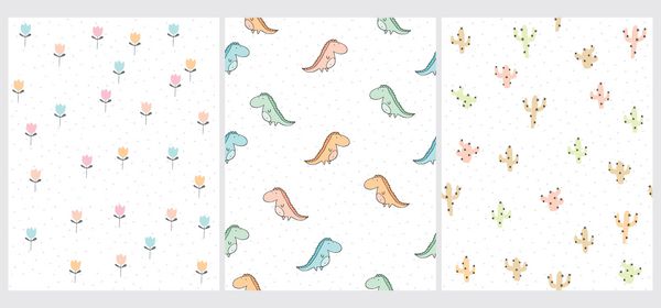 مجموعه ای از 3 الگوی طرح بردار تم دایناسور White Backround با نقاط خاکستری نامنظم طراحی سبک کودکانه زیبا الگوی گلهای ساده دایناسهای آبی صورتی و سبز کاکتوس های رنگارنگ