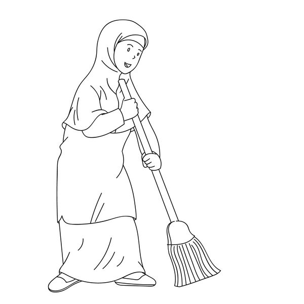 زن مسلمان با جارو برای تمیز کردن خانه طراحی كتاب رنگ آمیزی برای كودكان و کودکان تصویر کشیده شده دست