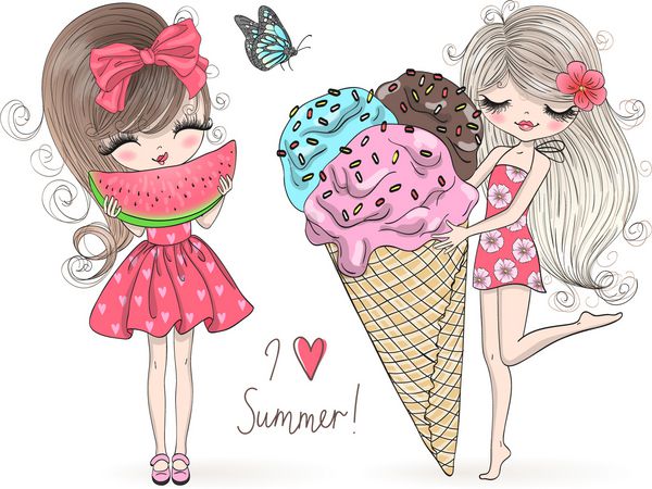دو دست دختران زیبا و تابستانی زیبا با هندوانه بزرگ و بستنی در دستان او کشیده شده است تصویر برداری