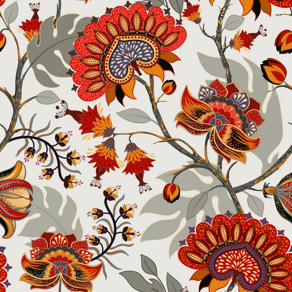 الگوی رنگارنگ پیزلی برای منسوجات کاغذ بسته بندی وب کاغذ دیواری قومی با گل های قرمز تزئینی زمینه گل هند تصویر سبک اندونزی باتیک