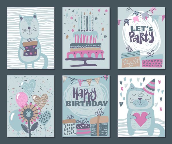 مجموعه ای از سه کارت تولدت مبارک تصویر برداری دستی وکتور با کیک بادکنک گربه ناز