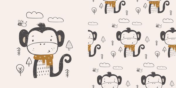 میمون کوچک ناز در جنگل با روسری دست کشیده شخصیت رنگی تصویر اسکاندیناوی با الگوی بدون درز-وکتور