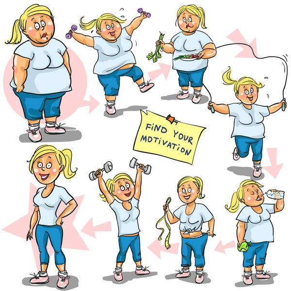 زن قبل و بعد از برنامه کاهش وزن دست شخصیت های کارتونی خنده دار طراحی جدا شده