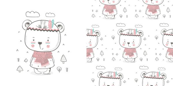 خرس زمستانی ناز شخصیت رنگ کشیده شده با الگوی بدون درز کشیده شده است می تواند برای چاپ تی شرت استفاده شود بچه ها از طرح مد کارت دعوت دوش کودک استفاده می کنند وکتور