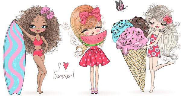 سه دست دختران زیبا تابستانی زیبا با بستنی بزرگ تخته موج سواری و هندوانه کشیده شده است تصویر برداری