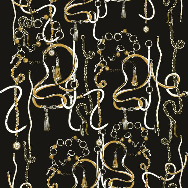کمربندهای طلایی مد الگوی طلا بدون درز تزئینات پارچه ای برای طراحی روسری تصاویر کشیده شده دستی را با زمینه سیاه ترسیم کنید