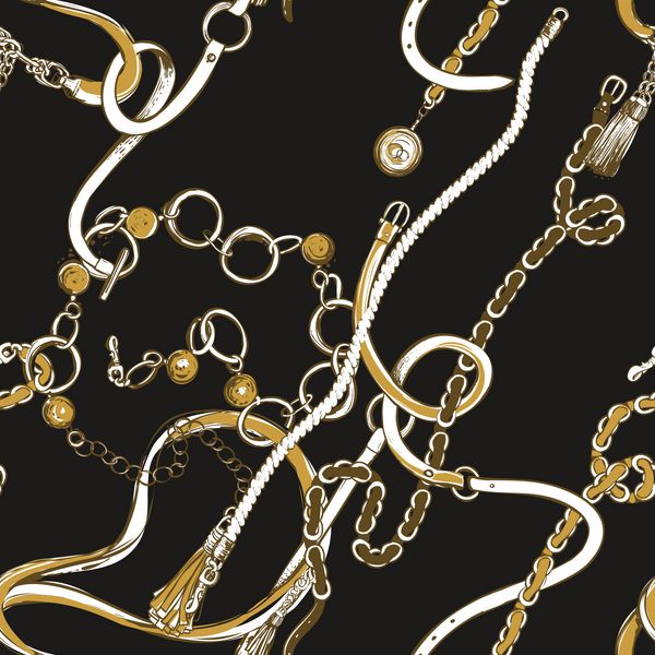 کمربندهای طلایی الگوی بدون درز طلا تزئینات پارچه ای برای طراحی روسری تصاویر کشیده شده دستی را با زمینه سیاه ترسیم کنید