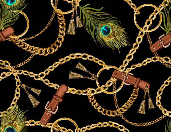الگوی وکتور باروک بدون درز با کمربند زنجیر و بند پرهای طاووس وکتور پچ برای چاپ پارچه طرح روسری