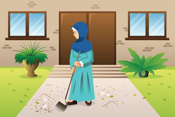 یک تصویر برداری از زن مسلمان که در حال حذف سطل زباله است