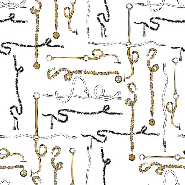 الگوی بدون درز با کمربندهای چرمی طناب های مد نوارها و تسمه های زنجیره ای طراحی مد دستی طراحی پارچه برای روسری و شال