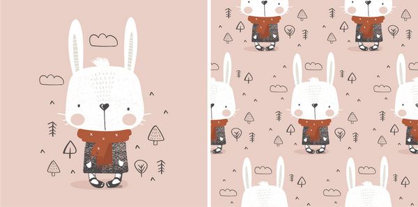خرگوش ناز زمستانی شخصیت رنگ کشیده شده با الگوی بدون درز کشیده شده است می تواند برای چاپ تی شرت استفاده شود بچه ها از طرح مد کارت دعوت دوش کودک استفاده می کنند وکتور