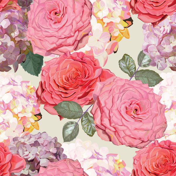 الگوی یکپارچه گل با گل رز و تصویر برداری هیدرانزا