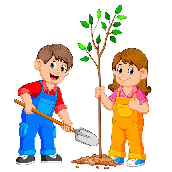 دو کودک در حال کاشت یک درخت هستند