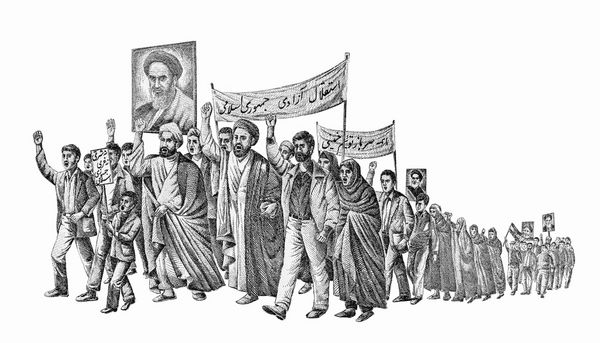 راهپیمایی مردم انقلابی به رهبری آخوند ها و عکس امام خمینی طراحی و برگرفته از اسکناس پنج هزار ریالی یا پانصد تومانی