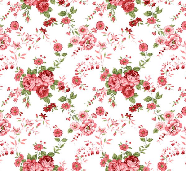 الگوی پارچه ای یکپارچه با گل رز قرمز و گل های وحشی با زمینه سفید