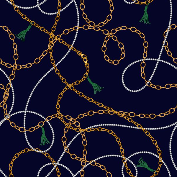 الگوی بدون درز لوکس با زنجیره جواهرات و کمربندها برای طراحی پارچه