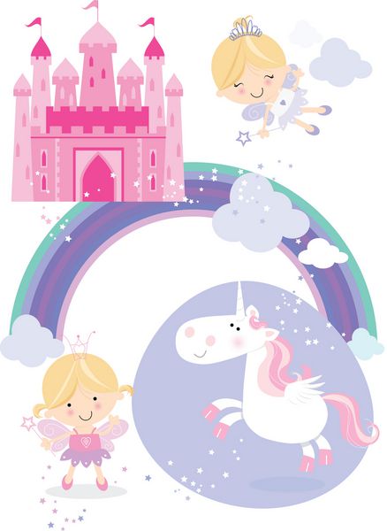 نمادها تصاویر مجموعه پری یک شاهزاده خانم پری زیبا با گرز یک پری پرواز یک اسب شاخدار بالدار رنگین کمان ابرهای کرکی و یک قلعه پری در آسمان