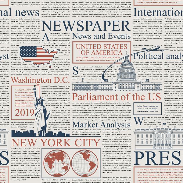 الگوی بدون درز با ستون روزنامه های آمریکایی متن در صفحه روزنامه ها غیرقابل خواندن است روزنامه آمریکایی با متن قرمز و آبی تکرار پیشینه روزنامه با عناوین و تصاویر