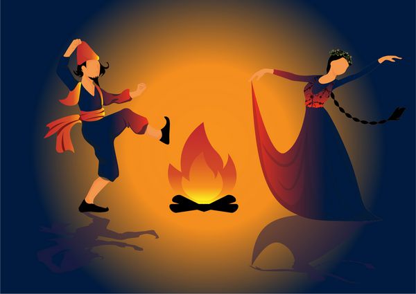 تصویر برداری از جشن نوروز بایرام شخصیت های سنتی کوسا و بهار در حال رقصیدن در اطراف آتش سوزی تعطیلات بهاری