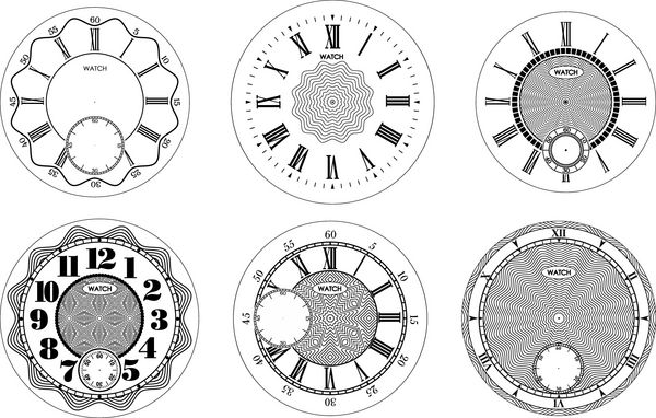مجموعه خالی صورت ساعت جدا شده در پس زمینه سفید طراحی ساعت بردار تصویر ساعت اعداد رومی پرنعمت عدد سیاه مقیاس گرد