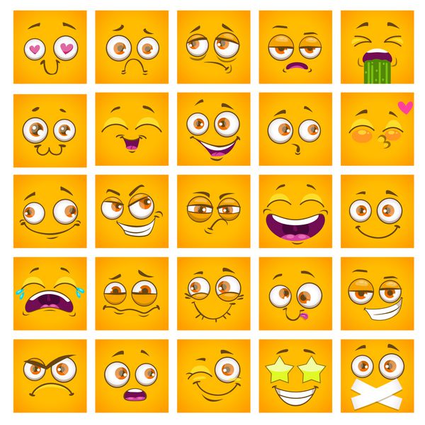 صورت ایموجی کارتون مربعی خنده دار چهره های زرد مجموعه مجموعه استیکرهای طنز تصویر برداری