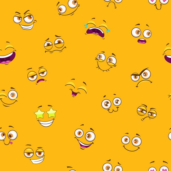 الگوی بدون درز با چهره های کارتونی خنده دار در زمینه زرد بافت ایموجی طنز تصویر برداری