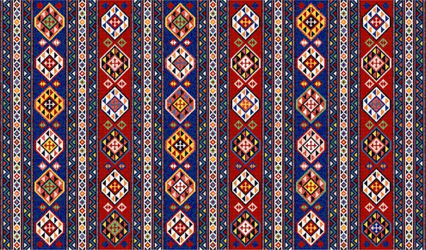 فرش رنگی موزائیک شرقی با یک تزئین هندسی سنتی فرش طرح دار با قاب مرزی الگوی بخیه متقاطع 495x291 سلول تصویر برداری 10 EPS