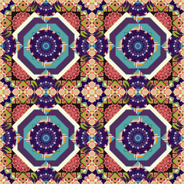 تصویر برداری کاشی های انتزاعی با الگوهای در رنگ های آبی بژ و بنفش طرح روسری ابریشمی ترشی حنایی طرح الگوی بدون درز مربع برای بالش فرش فرش