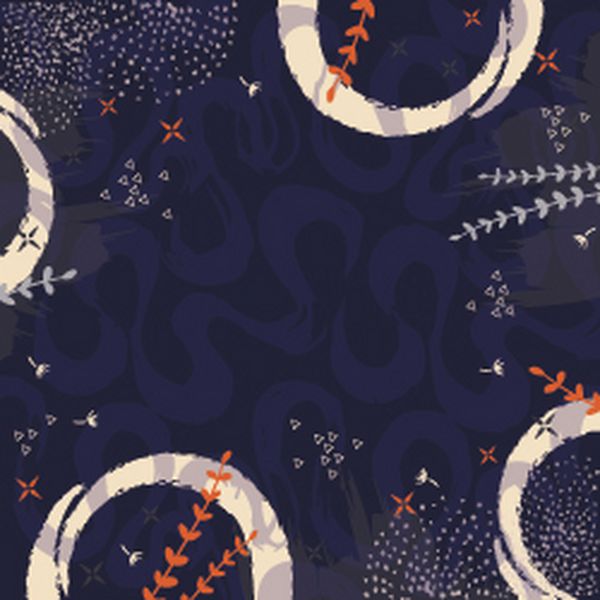 هنر معاصر الگوی روسری ابریشمی با طرح قلم مو چلپ چلوپ برگ و دایره به رنگ آبی