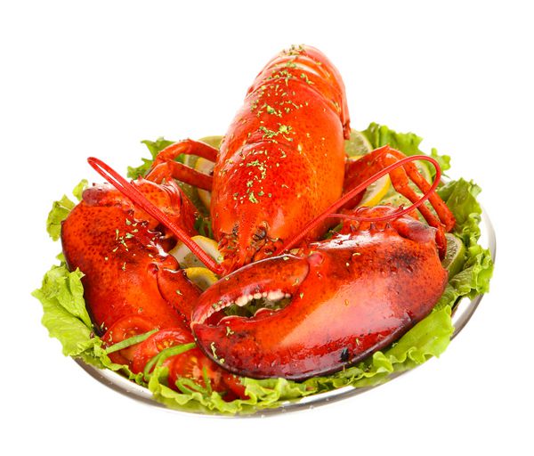 خرچنگ قرمز روی بشقاب با سبزیجات جدا شده روی سفید