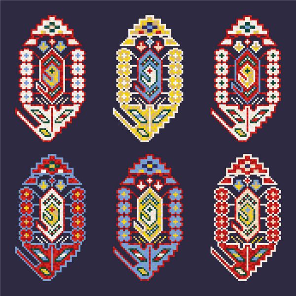 مجموعه الگوهای رنگارنگ موزائیک سنتی برای فرشهای شرقی چاپ باندانا شش مدل رنگارنگ بوته یا پیزلی زیور آلات کشمیر الگوهای صلیب بخیه تصویر برداری 10 EPS