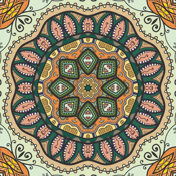 الگوی بدون درز کشیده شده تکرار بافت برای چاپ پارچه پارچه پس زمینه رنگارنگ ابله با عناصر هندسی و گل تزئینات قومی قومی قبیله ای برای روسری شال حجاب