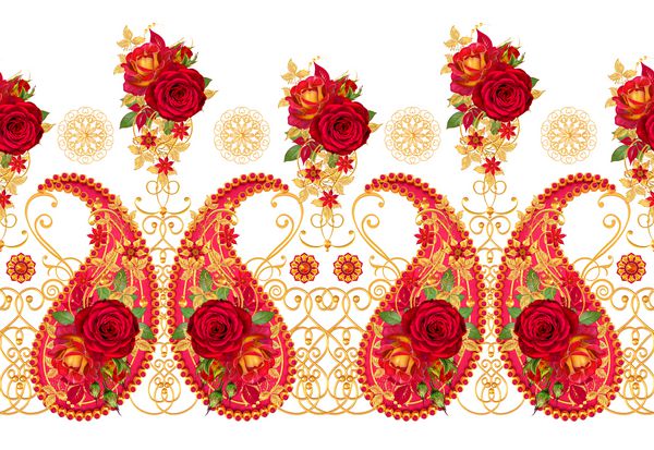عنصر خیار هندی Paisley بافی های طلایی فرفری گل های درخشان تلطیف شده آرایش گلهای رز قرمز و برگهای درخشان الگوی بدون درز گل