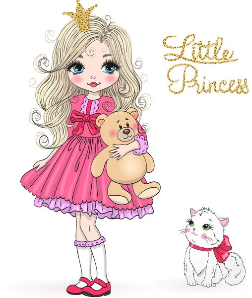 دست دختر زیبا ناز شاهزاده خانم زیبا با تاج و گربه کشیده شده است تصویر برداری