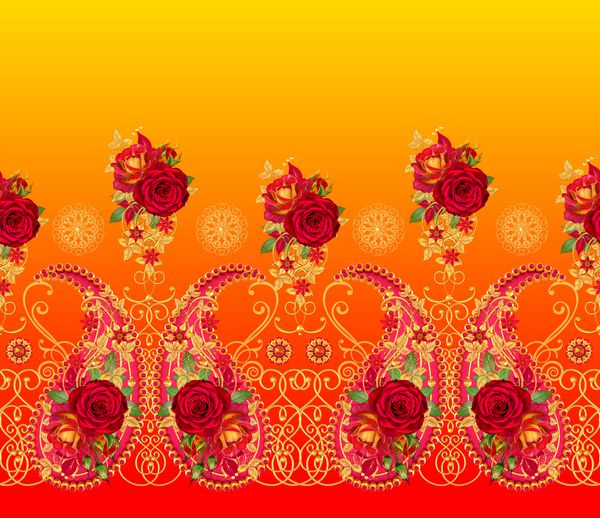 عنصر خیار هندی Paisley بافی های طلایی فرفری گل های درخشان تلطیف شده آرایش گلهای رز قرمز و برگهای درخشان الگوی بدون درز گل