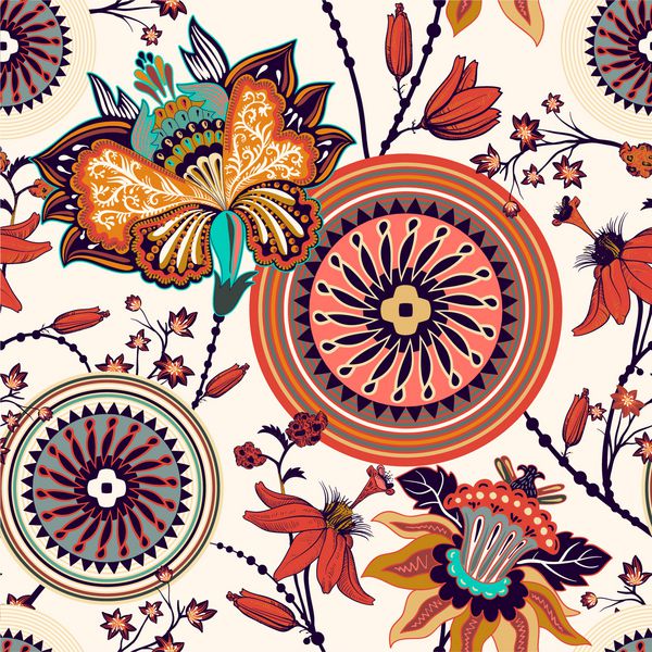 الگوی تزئینی رنگارنگ گل برای پارچه پوشش کاغذ دیواری پارچه پس زمینه بردار قومی با عناصر هندسی زمینه تزئینی هند تصویر برداری انتزاعی باتیک اندونزی