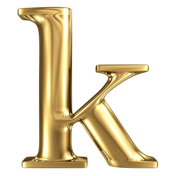 حرف طلایی k حروف کوچک با کیفیت بالا و رندرهای 3D با کیفیت بالا جدا شده بر روی سفید