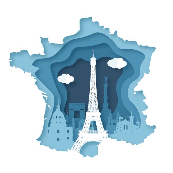 پاریس فرانسه نقطه عطف معروف جهان برجسته کاغذ برش به سبک تصویر برداری برای پوستر سفر و کارت پستال یا بنر